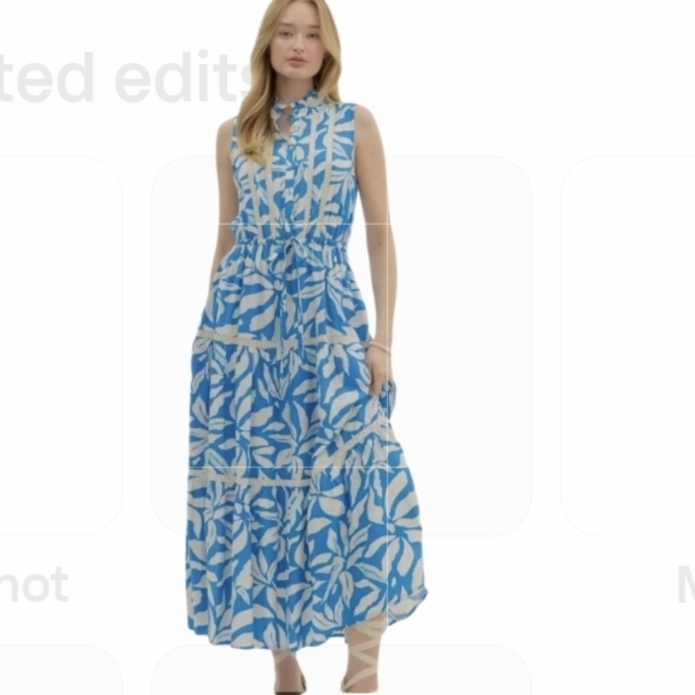 Womens Floral Print Maxi Dress Blue White Long Dress Size Small    Ruffled Beach - Picture 12 of 12
